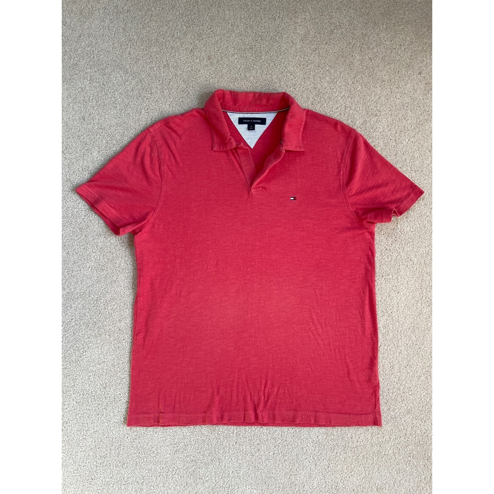 Tommy Hilfiger Mens Red Slub Knit Short Sleeve V-Neck Polo Shirt Size M
